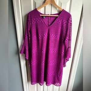 Alfani Womens Purple 3/4 Sleeve V-Neck Lace Shift Dress Size 10